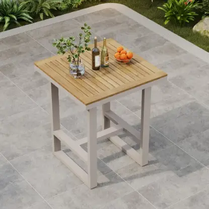 Tevara Outdoor Square Bar Table with Teak Wood Slat Top & Aluminum Frame in Sand