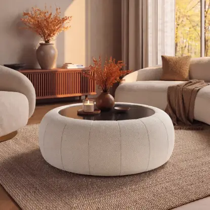 Picture of Modern 39" Round Performance Chenille Ottoman Coffee Table with Hidden Storage