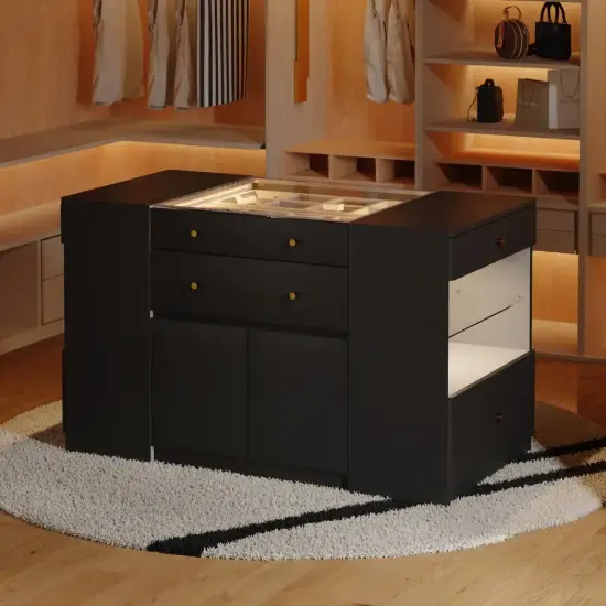 Selvo Saddle Leather Black Closet Island with Storage, Light and Jewellery Display