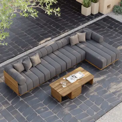 Picture of Resaro 7-Piece Outdoor Modular Natural Teak Sectional Fluted Sofa Set in Dark Gray