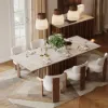 Dining Set 84" Rectangular Faux Travertine Sintered Stone Dining Table with 6 Chairs