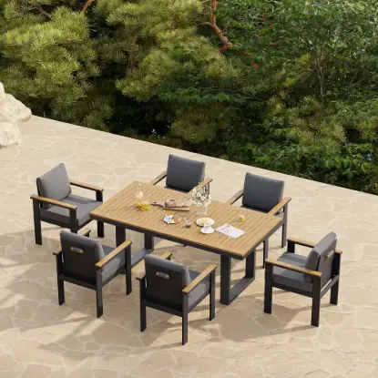 Tevara 7-Piece Rectangular Wood & Aluminium Outdoor Patio Dining Set for 6 People – Dark Grey – AUD-H3087
