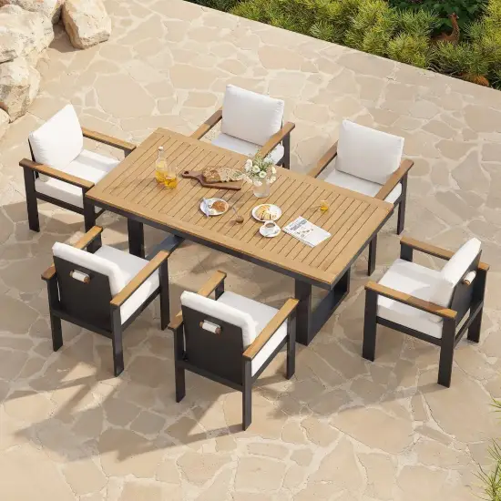 Tevara 7-Piece Rectangular Wood & Aluminium Outdoor Patio Dining Set for 6 People – Dark Grey – AUD-H3089
