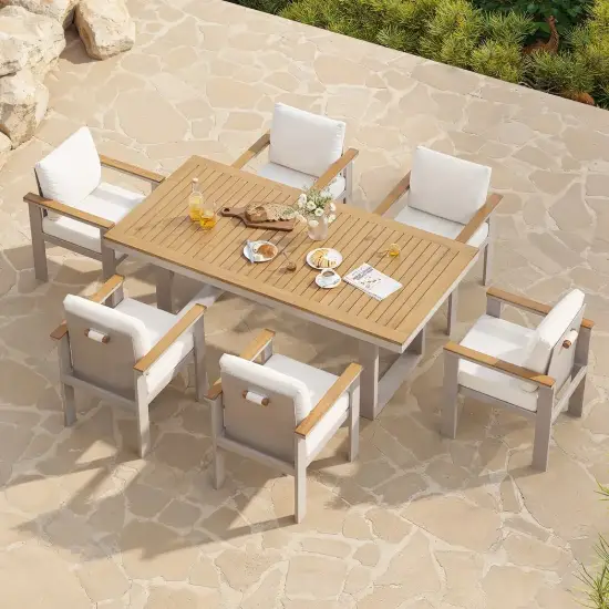 Tevara 7-Piece Rectangular Wood & Aluminium Outdoor Patio Dining Set for 6 People – Sand
