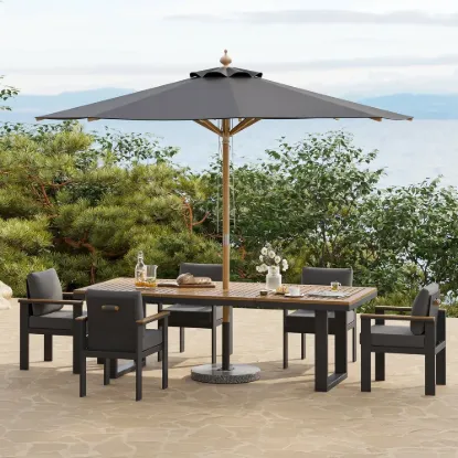 Tevara 8-Piece Rectangular Wood & Aluminium Outdoor Dining Set with Pillar Umbrella – Dark Grey – 240cm