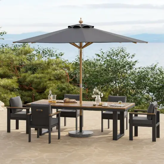 Tevara 8-Piece Rectangular Wood & Aluminium Outdoor Dining Set with Pillar Umbrella – Dark Grey – 240cm