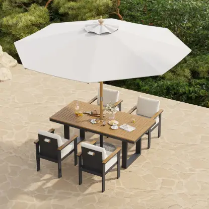 Tevara 6-Piece Rectangular Wood and Aluminium Outdoor Dining Set with Pillar Umbrella – Dark Grey – AUD-H3094