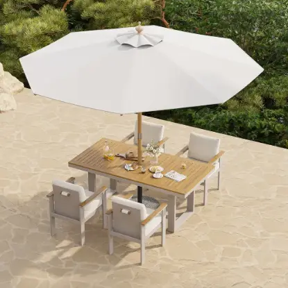 Tevara 6-Piece Rectangular Wood and Aluminium Outdoor Dining Set with Pillar Umbrella – Sand