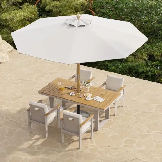 Tevara 6-Piece Rectangular Wood and Aluminium Outdoor Dining Set with Pillar Umbrella – Sand