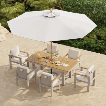 Tevara 8-Piece Rectangular Wood & Aluminium Outdoor Dining Set with Pillar Umbrella – Sand