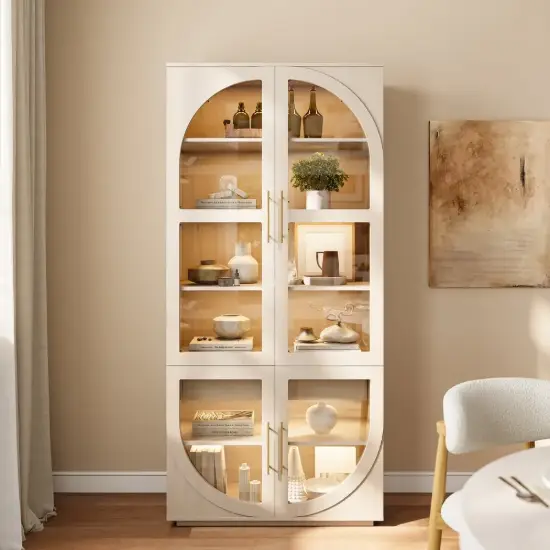 Arune Whitewash Glass Tall Display Cabinet with Drawers & LED