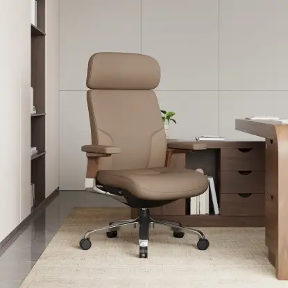 Khaki Genuine Leather Swivel Office Chair with Ergonomic Synchro-Tilt Recline System