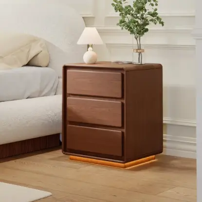 Picture of Haloa Walnut 3-Drawer LED Nightstand with Charging Station