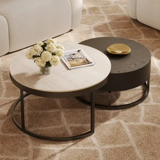 Nesnesis 28"-32" Round Nesting Walnut Coffee Table Set with Sintered Stone Top – 42cm