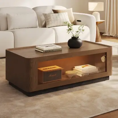 Picture of 47" Glass Door Walnut Coffee Table with Storage and LED