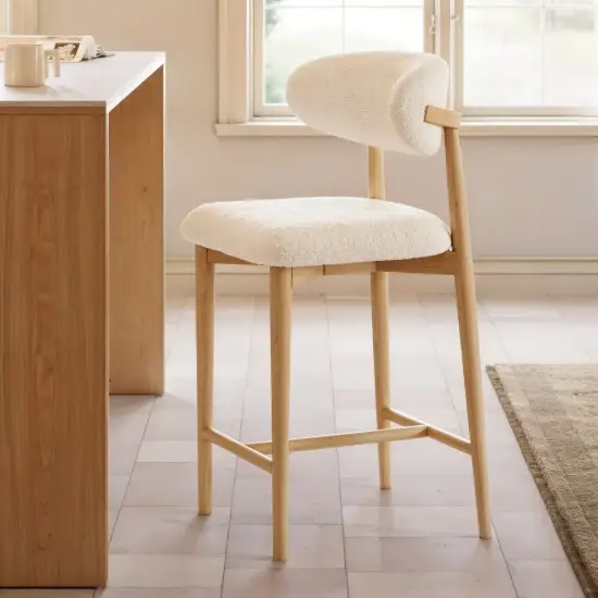 Modern Warm White Boucle Counter Stool with Natural Rubber Wood Legs, 1 Piece