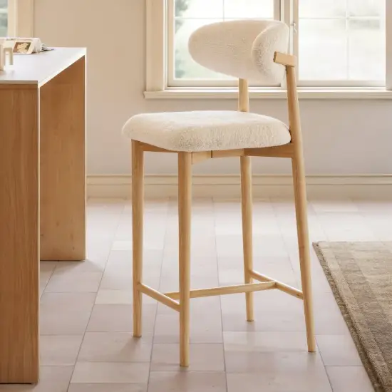 Modern Warm White Boucle Bar Stool with Natural Wooden Legs, 1 Piece