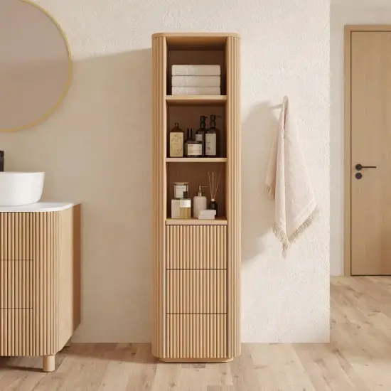 Fluted 58" Bathroom Linen Cabinet with 3 Drawers and Open Shelves