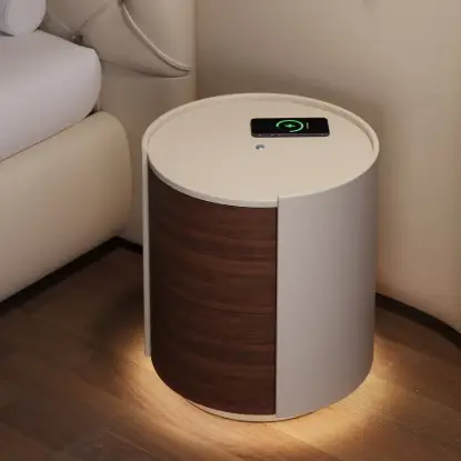 Picture of Modern Saddle Leather 2-Drawer Nightstand with Charging Station & Light