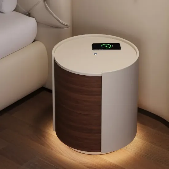 Modern Saddle Leather 2-Drawer Nightstand with Charging Station & Light
