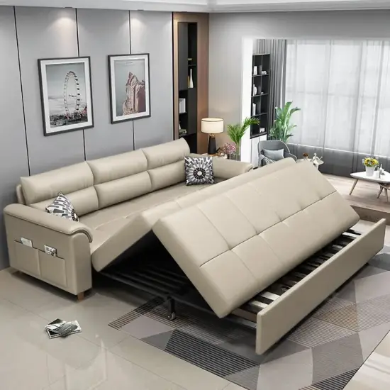 233cm King Faux Leather Pull-out Sleeper Sofa with Storage and Side Pockets – AUD-H3136