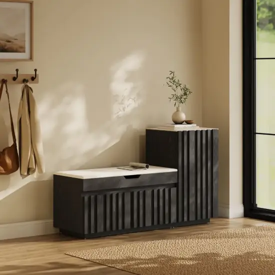 Aura 47” Wooden Shoe Storage Bench with Right-Side Cabinet for Entryway – AUD-H3143