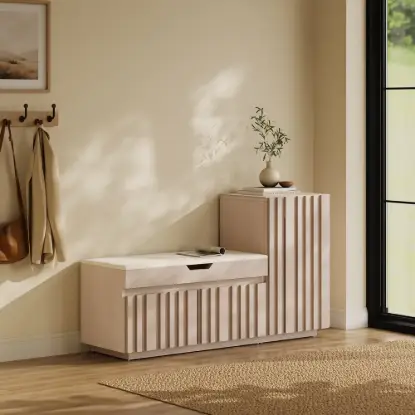 Aura 47” Wooden Shoe Storage Bench with Right-Side Cabinet for Entryway – AUD-H3144
