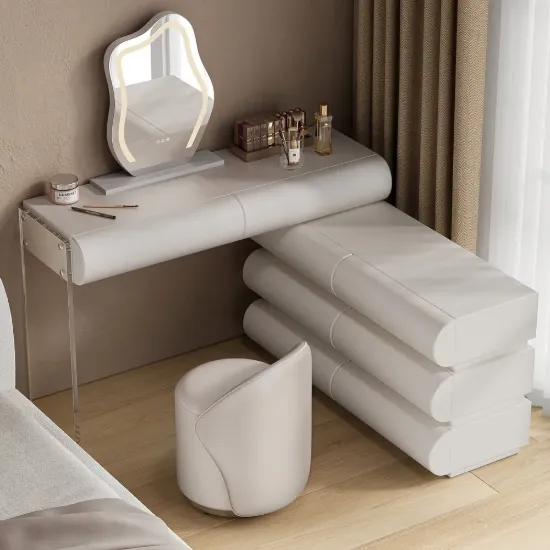 Humply White Extendable Leather Makeup Vanity Set with Mirror (48"- 83")