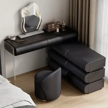 Humply Black Extendable Leather Makeup Vanity Set with Mirror (48"-83")