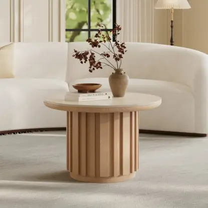 Picture of Aura Ash Wood Slatted Round Coffee Table with Sintered Stone Top – Natural