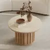 Aura Ash Wood Slatted Round Coffee Table with Sintered Stone Top – Natural