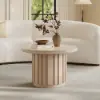 Aura Ash Wood Slatted Round Coffee Table with Sintered Stone Top – Whitewash
