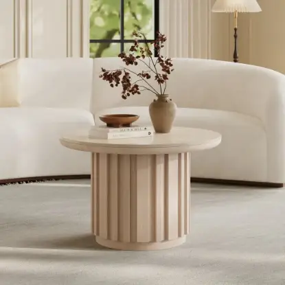Picture of Aura Ash Wood Slatted Round Coffee Table with Sintered Stone Top – Whitewash