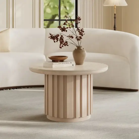 Aura Ash Wood Slatted Round Coffee Table with Sintered Stone Top – Whitewash