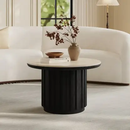 Picture of Aura Ash Wood Slatted Round Coffee Table with Sintered Stone Top – Black