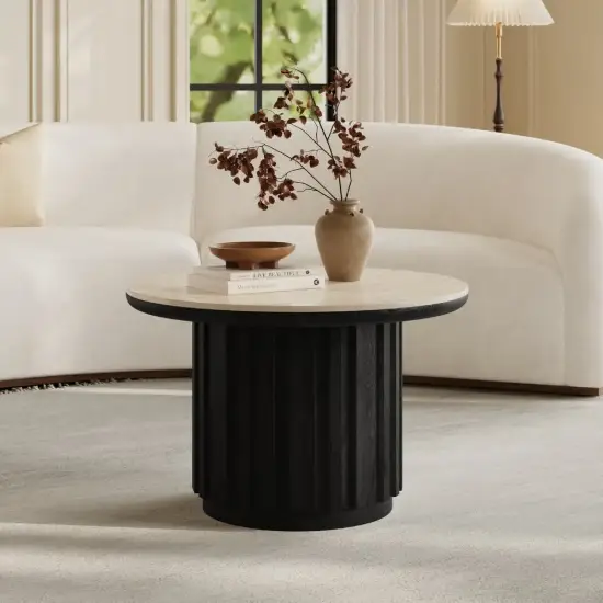Aura Ash Wood Slatted Round Coffee Table with Sintered Stone Top – Black