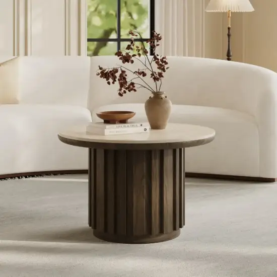 Aura Ash Wood Slatted Round Coffee Table with Sintered Stone Top – Smoked Brown