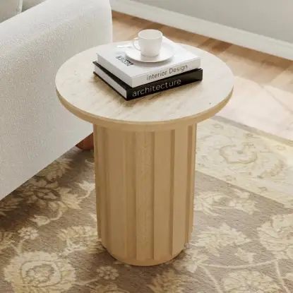 Aura Ash Wood Fluted Round Side Table with Sintered Stone Top – Natural