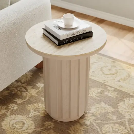 Aura Ash Wood Fluted Round Side Table with Sintered Stone Top – Whitewash