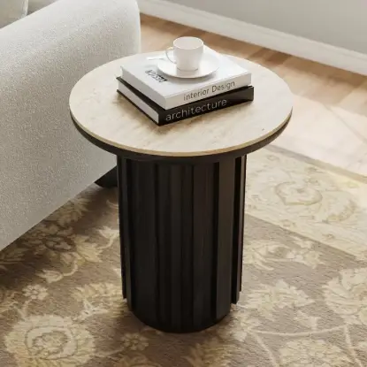 Aura Ash Wood Fluted Round Side Table with Sintered Stone Top – Black