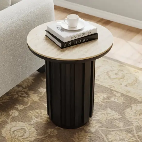 Aura Ash Wood Fluted Round Side Table with Sintered Stone Top – Black