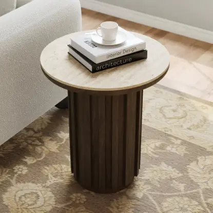 Aura Ash Wood Fluted Round Side Table with Sintered Stone Top – Smoked Brown