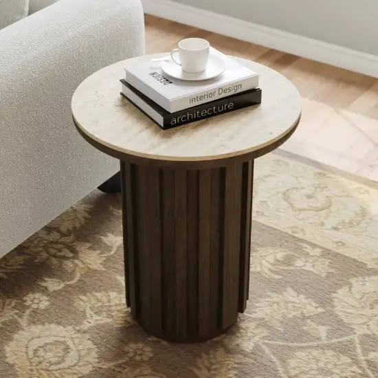 Aura Ash Wood Fluted Round Side Table with Sintered Stone Top – Smoked Brown