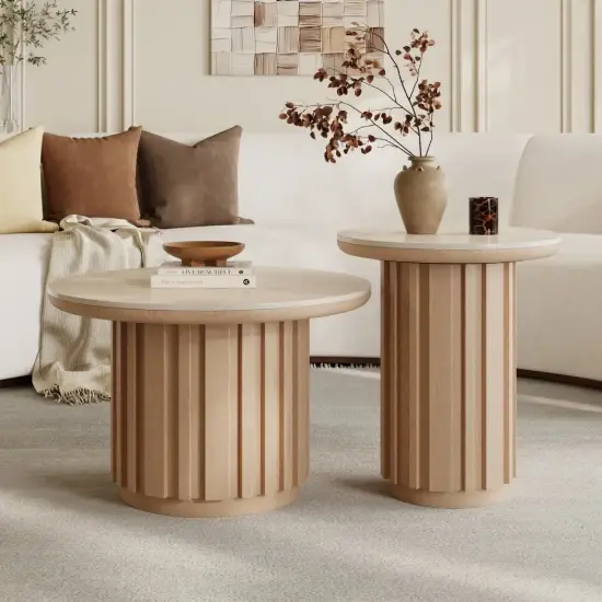 Picture of Aura 2 Piece Set Ash Wood Slatted Round Coffee Table with Sintered Stone Top (20" - 28") – Natural