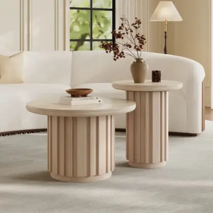 Picture of Aura 2 Piece Set Ash Wood Slatted Round Coffee Table with Sintered Stone Top (20" - 28") – Whitewash