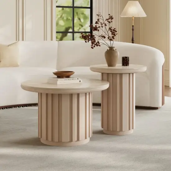 Aura 2 Piece Set Ash Wood Slatted Round Coffee Table with Sintered Stone Top (20" - 28") – Whitewash
