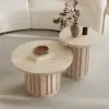 Aura 2 Piece Set Ash Wood Slatted Round Coffee Table with Sintered Stone Top (20" - 28") – Whitewash