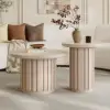 Aura 2 Piece Set Ash Wood Slatted Round Coffee Table with Sintered Stone Top (20" - 28") – Whitewash