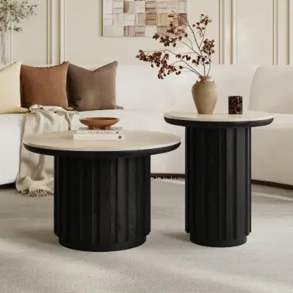 Picture of Aura 2 Piece Set Ash Wood Slatted Round Coffee Table with Sintered Stone Top (20" - 28") – Black