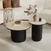 Aura 2 Piece Set Ash Wood Slatted Round Coffee Table with Sintered Stone Top (20" - 28") – Black